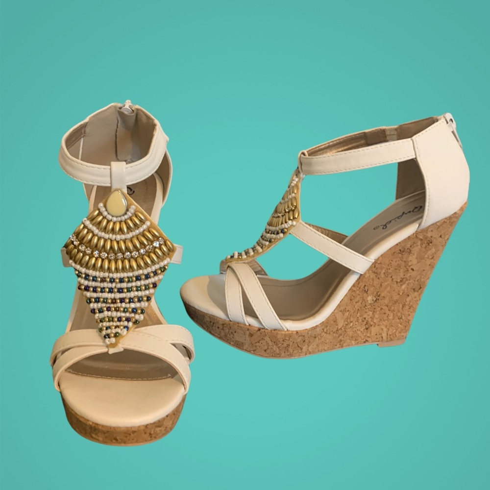 White Beaded Platform Wedge Sandals Size 6 1/2